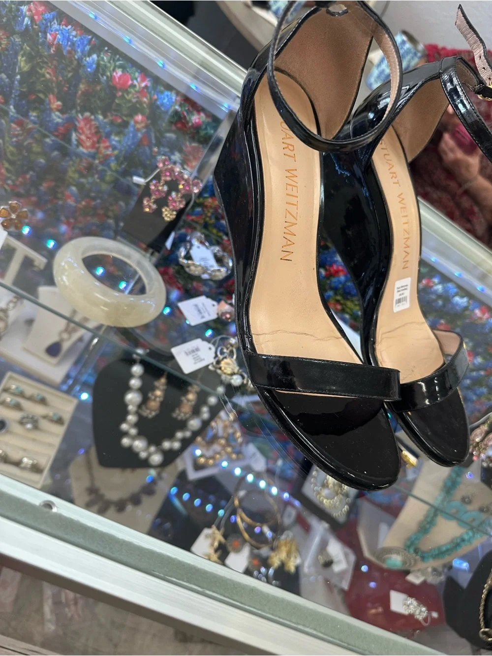 Stuart Weitzman Black Patent Strap Block-Heel Sandals
